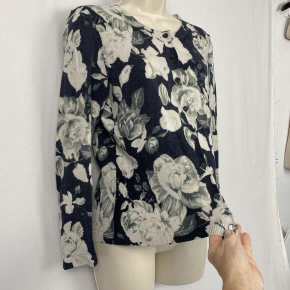 Talbots Merino Wool Cardigan Sweater Women Large Gray Dark Moody Floral Romantic - Picture 2 of 11